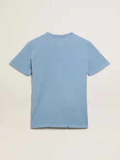 Online Camiseta feminina azul-porto com inscrição Golden tom sobre tom MULHER Camisetas