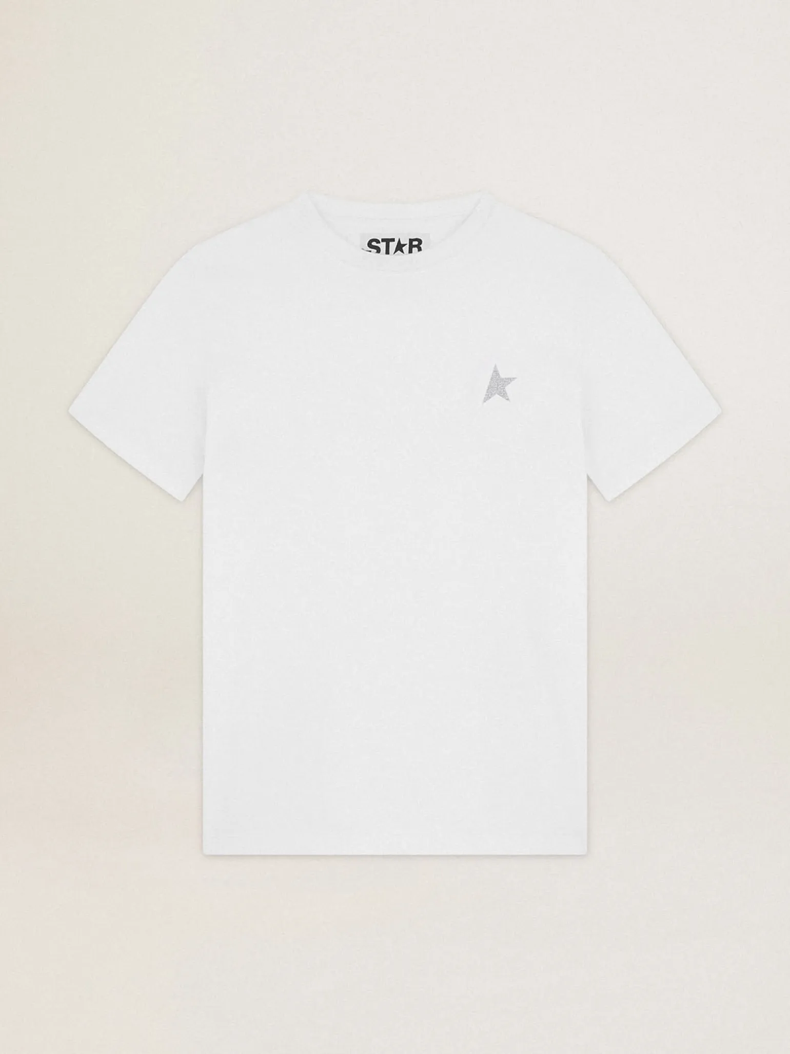 Discount Camiseta feminina branca com estrela de glitter prateado na frente MULHER Camisetas