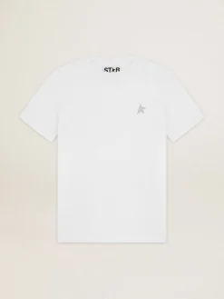 Discount Camiseta feminina branca com estrela de glitter prateado na frente MULHER Camisetas