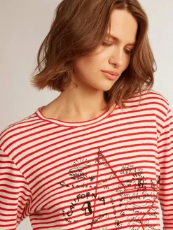 Store Camiseta feminina com listras brancas e vermelhas e bordado na frente MULHER Camisetas