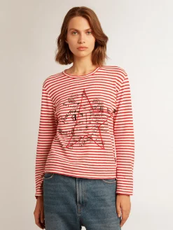 Store Camiseta feminina com listras brancas e vermelhas e bordado na frente MULHER Camisetas