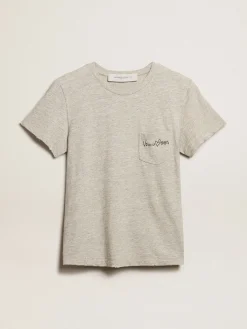 Discount Camiseta feminina de algodão cinza mescla com escrita bordada MULHER Camisetas