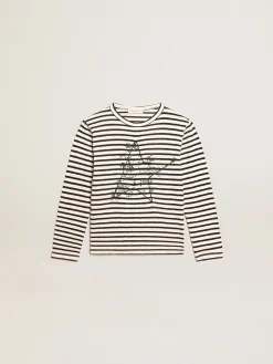 Flash Sale Camiseta infantil masculina com listras brancas e azuis e bordado Roupas de cima (4-12 years)