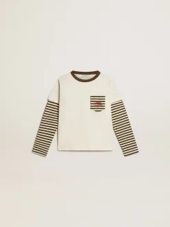 Cheap Camiseta infantil masculina de manga dupla de algodão listrado Roupas de cima (4-12 years)