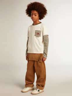 Cheap Camiseta infantil masculina de manga dupla de algodão listrado Roupas de cima (4-12 years)