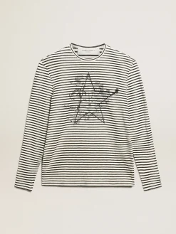 Sale Camiseta masculina com listras brancas e azuis e bordado na frente Camisetas