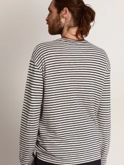 Sale Camiseta masculina com listras brancas e azuis e bordado na frente Camisetas