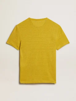 New Camiseta masculina de linho amarelo milho Camisetas