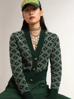 Cheap Cardigã cropped feminino com jacquard em losangos verde e branco MULHER Malhas