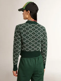 Cheap Cardigã cropped feminino com jacquard em losangos verde e branco MULHER Malhas