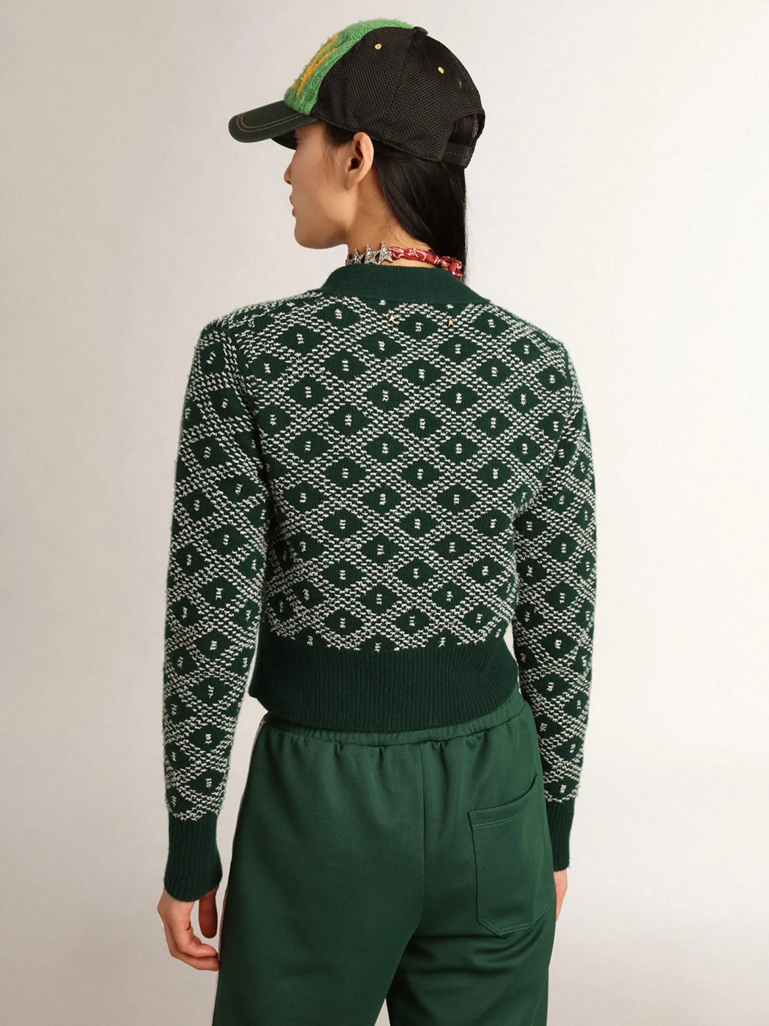 Cheap Cardigã cropped feminino com jacquard em losangos verde e branco MULHER Malhas