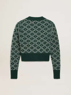 Cheap Cardigã cropped feminino com jacquard em losangos verde e branco MULHER Malhas