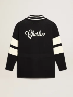 Store Cardigã feminino azul com cinto e inscrição nas costas MULHER Malhas