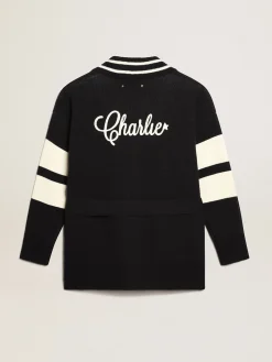 Store Cardigã feminino azul com cinto e inscrição nas costas MULHER Malhas