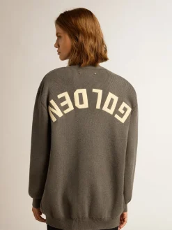 New Cardigã feminino de algodão cinza mescla com logo nas costas MULHER Malhas
