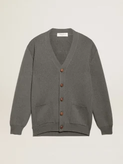 New Cardigã feminino de algodão cinza mescla com logo nas costas MULHER Malhas