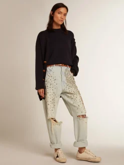 Fashion Cardigã feminino de algodão azul-escuro com tratamento desgastado MULHER Malhas