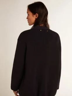 Fashion Cardigã feminino de algodão azul-escuro com tratamento desgastado MULHER Malhas