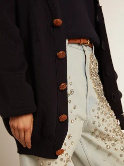 Fashion Cardigã feminino de algodão azul-escuro com tratamento desgastado MULHER Malhas