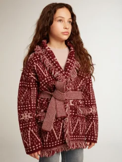 Online Cardigã infantil feminino com cinto e estampa fair isle bordô Roupas de cima (4-12 years)