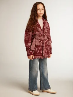 Online Cardigã infantil feminino com cinto e estampa fair isle bordô Roupas de cima (4-12 years)