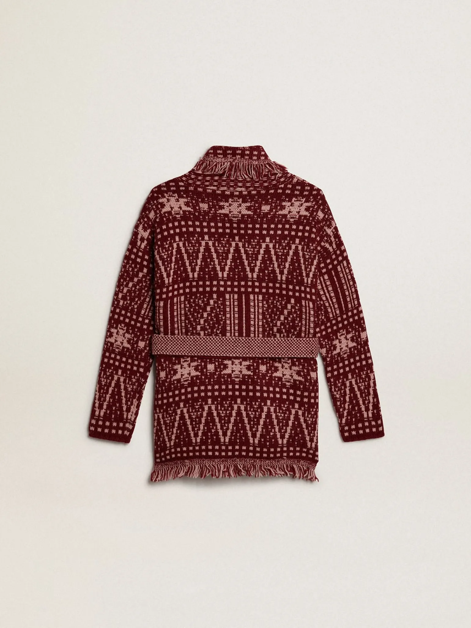 Online Cardigã infantil feminino com cinto e estampa fair isle bordô Roupas de cima (4-12 years)