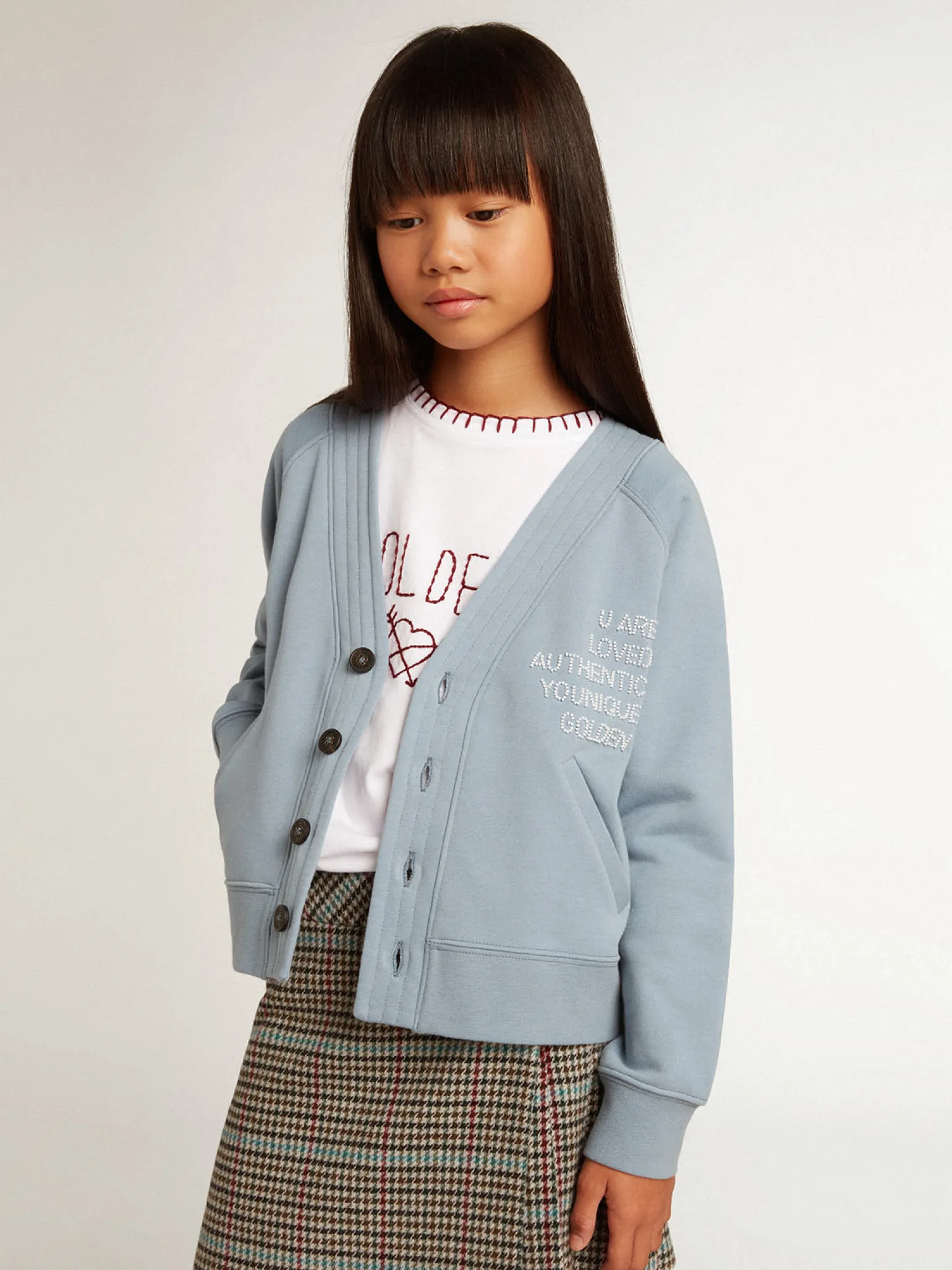 Online Cardigã infantil feminino de algodão azul com escrita de miçangas Roupas de cima (4-12 years)