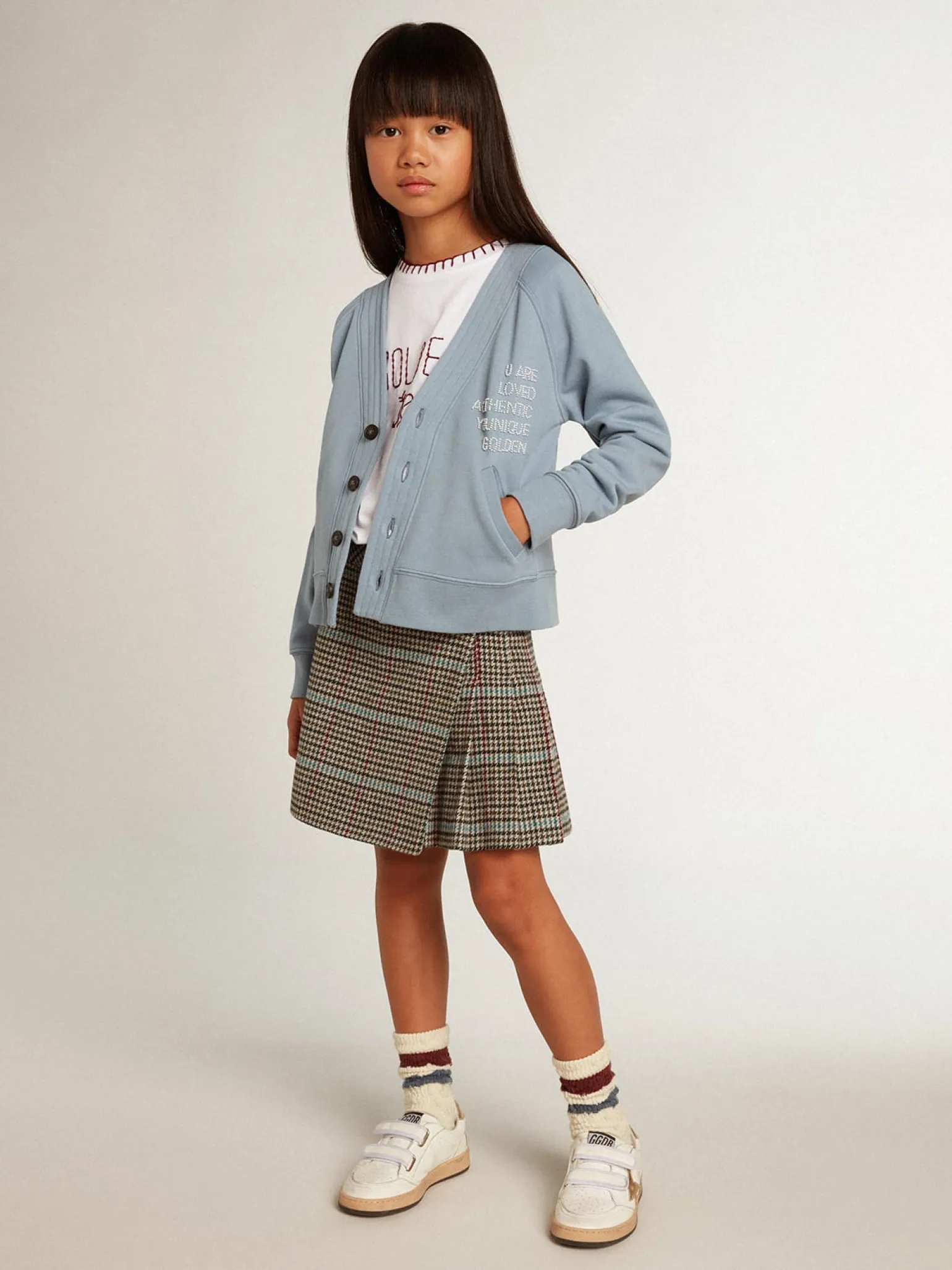 Online Cardigã infantil feminino de algodão azul com escrita de miçangas Roupas de cima (4-12 years)