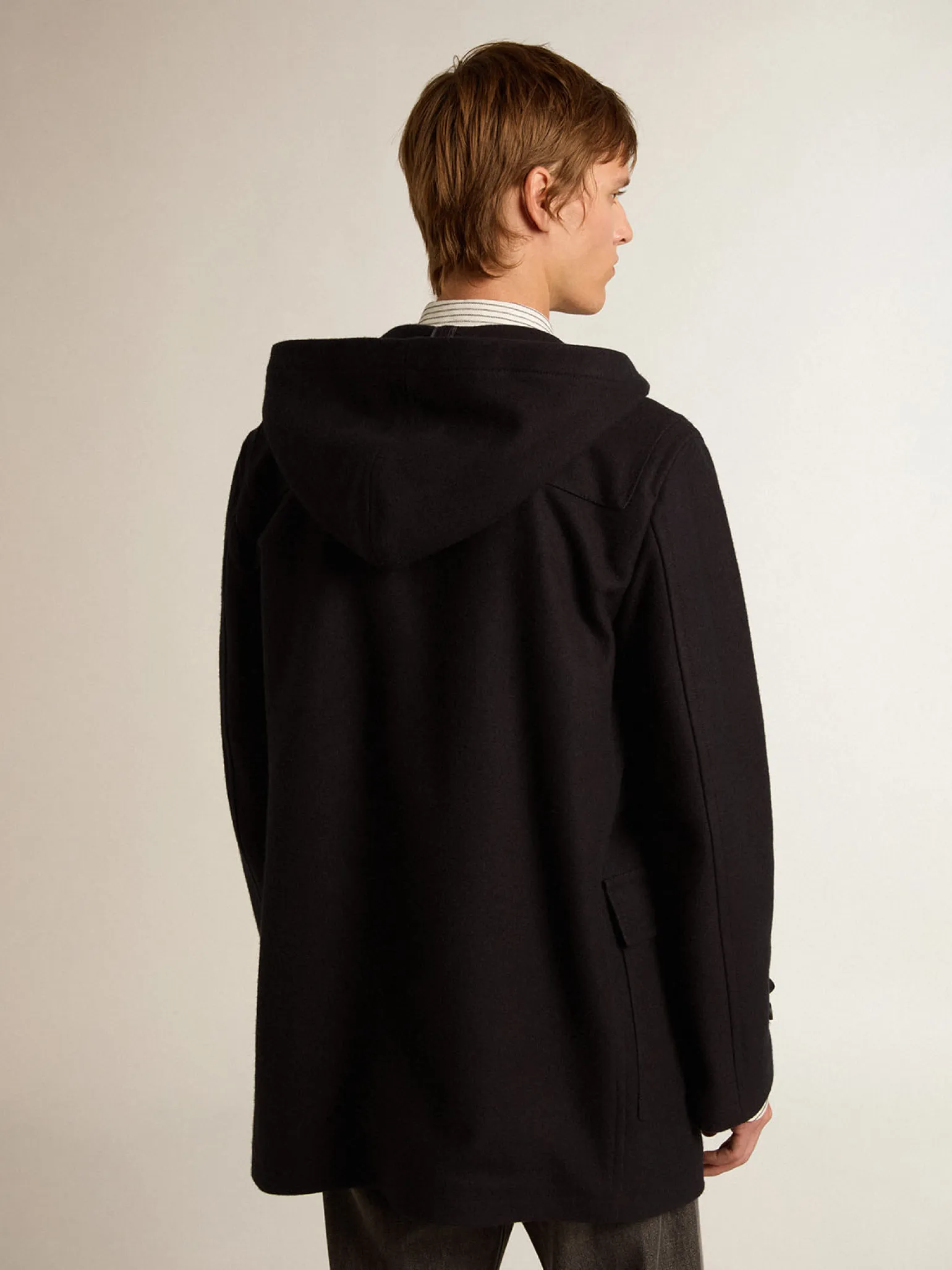 Outlet Casaco Duffle de lã azul-escura com capuz e fecho de sapo Casacos e blusões
