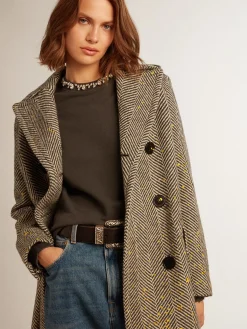Outlet Casaco longo feminino espinha de peixe com detalhes amarelos MULHER Casacos e blusões