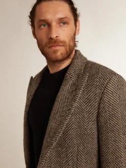 Fashion Casaco masculino de abotoamento simples de lã com trama espinha de peixe bege e cinza Casacos e blusões