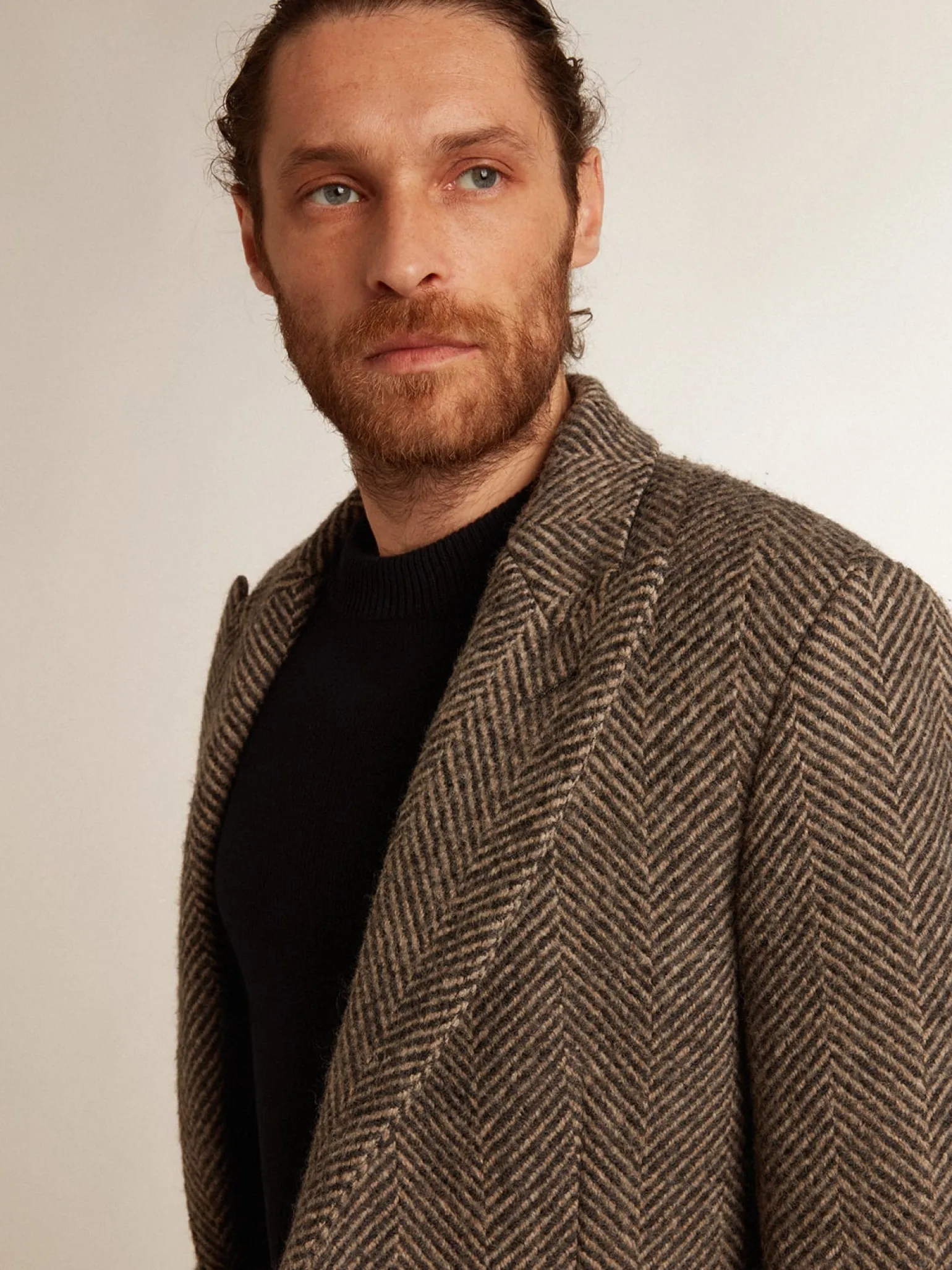 Fashion Casaco masculino de abotoamento simples de lã com trama espinha de peixe bege e cinza Casacos e blusões