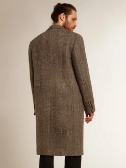 Fashion Casaco masculino de abotoamento simples de lã com trama espinha de peixe bege e cinza Casacos e blusões