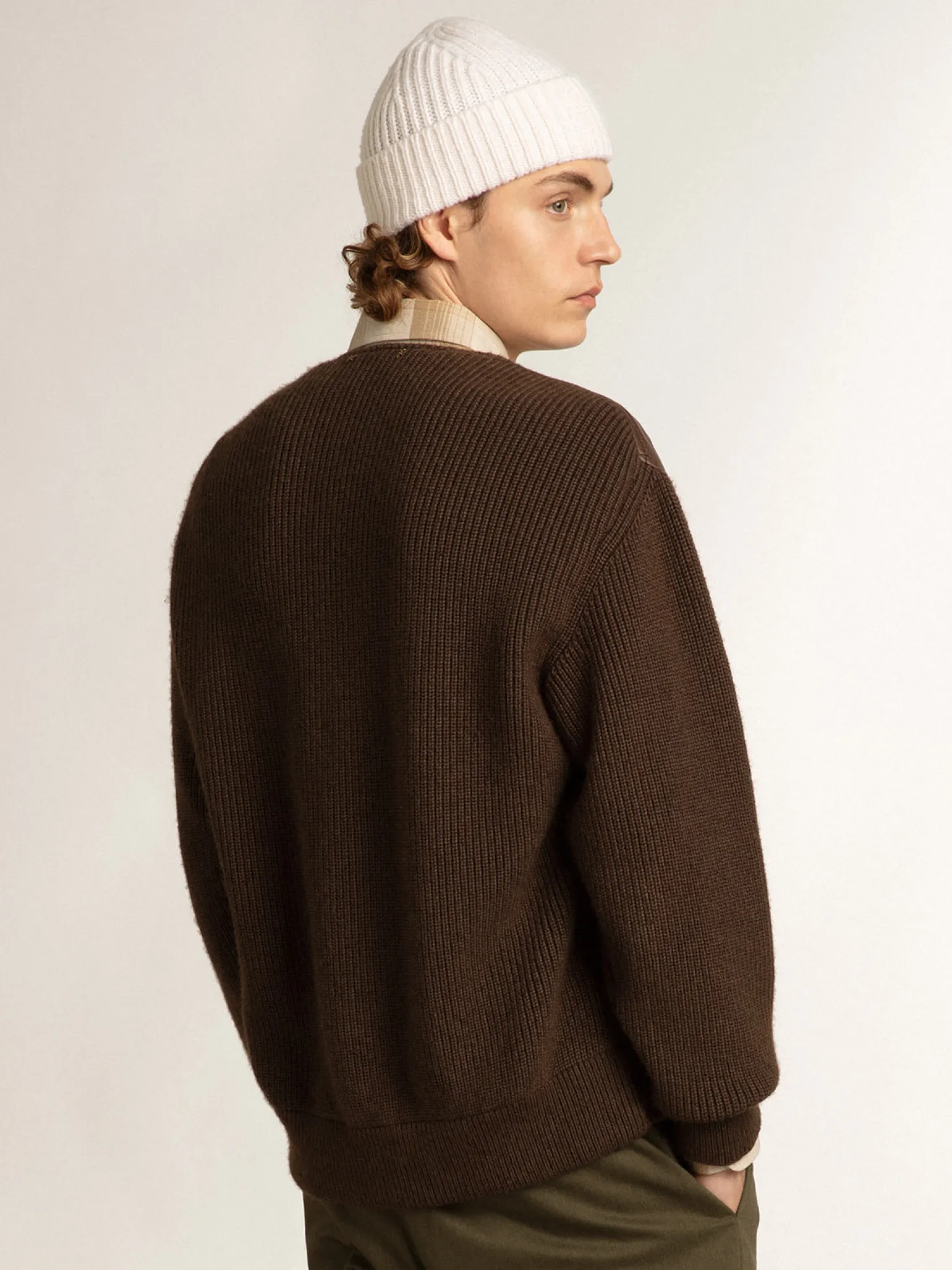 Cheap -colored leather and knit V-neck cardigan Casacos e blusões