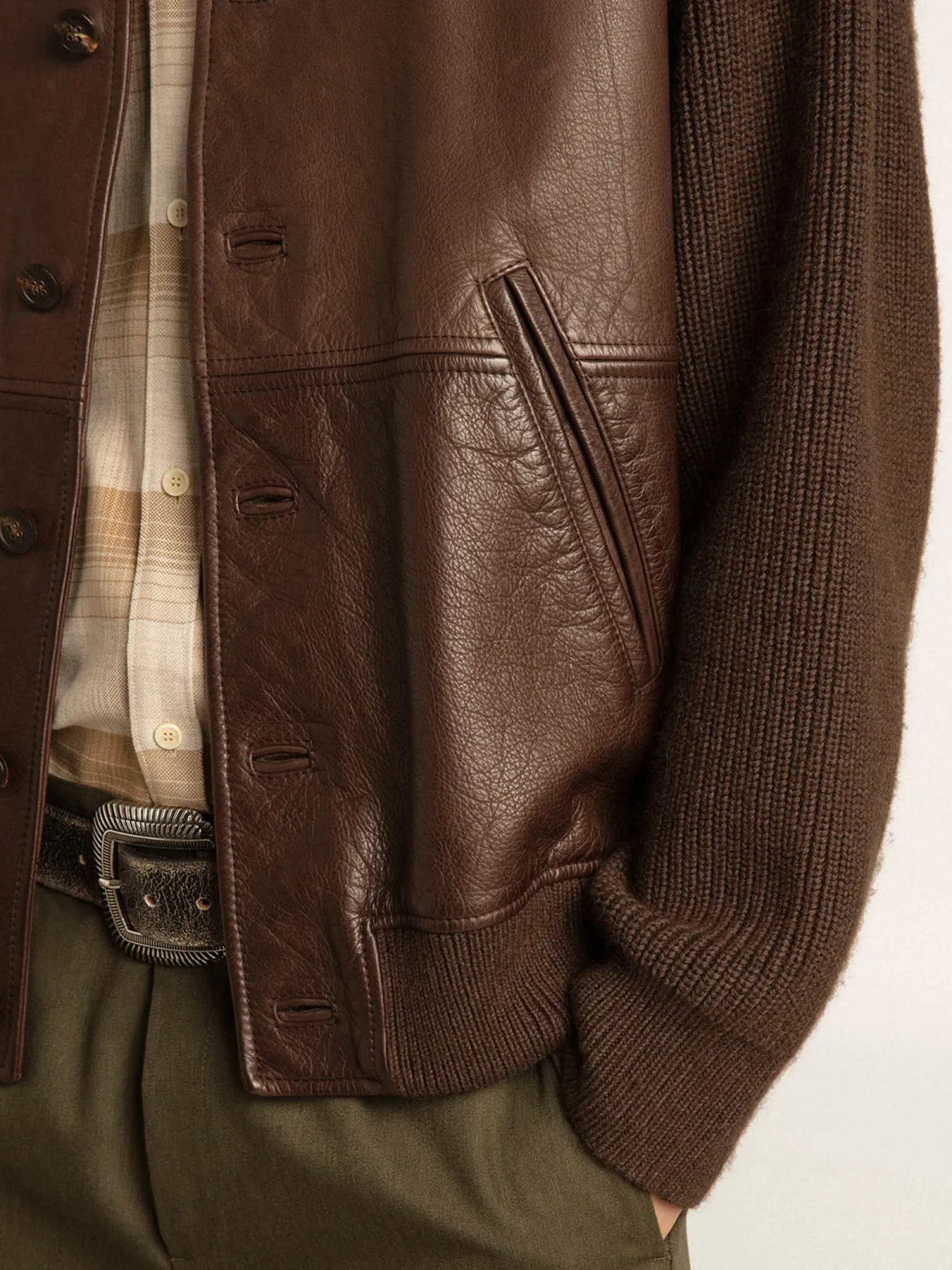 Cheap -colored leather and knit V-neck cardigan Casacos e blusões
