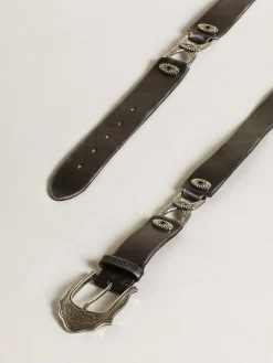 Clearance Cinto feminino de couro preto com decorações prateadas MULHER Cintos