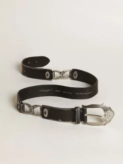 Clearance Cinto feminino de couro preto com decorações prateadas MULHER Cintos