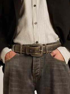 Cheap Cinto masculino de couro preto com fivela decorada Cintos