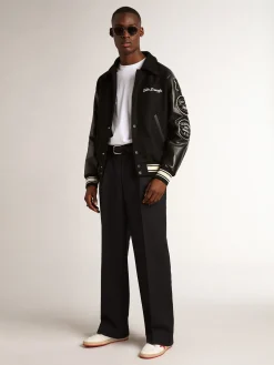 Flash Sale Jaqueta bomber de lã preta com patch Casacos e blusões