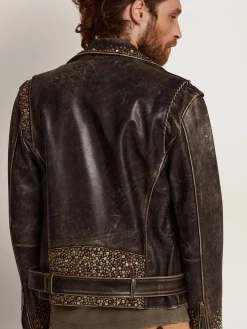 Clearance Jaqueta de couro masculina com tachas marteladas e fita aplicada Casacos e blusões