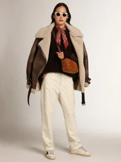 Discount Jaqueta feminina de couro com gola de shearling MULHER Casacos e blusões