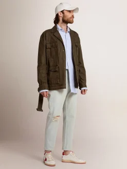 Hot Jaqueta safari masculina de lona verde-militar Casacos e blusões