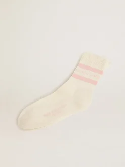 Best Meias brancas com tratamento desgastado com logo e listras rosa bebê MULHER Meias|Meias