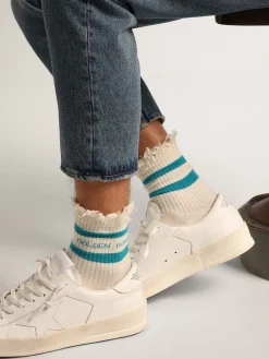 Cheap Meias brancas com tratamento desgastado com logo e listras turquesa MULHER Meias|Meias