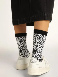 Fashion Meias branco e preto com estampa de leopardo e estrela preta na parte de trás MULHER Meias|Meias
