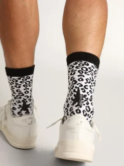 Fashion Meias branco e preto com estampa de leopardo e estrela preta na parte de trás MULHER Meias|Meias