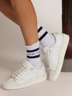 Store Meias de algodão com acabamento desgastado, listras azul-marinho e logo MULHER Meias|Meias