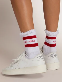 Fashion Meias de algodão com acabamento desgastado, listras vermelhas e logo MULHER Meias|Meias