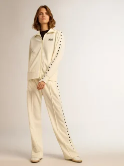 Flash Sale Moletom com zíper feminino branco com faixa branca e estrelas pretas MULHER Moletons