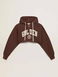 Sale Moletom cropped com capuz Coleção Journey na cor marrom castanha com inscrição Golden branca em contraste MULHER Moletons